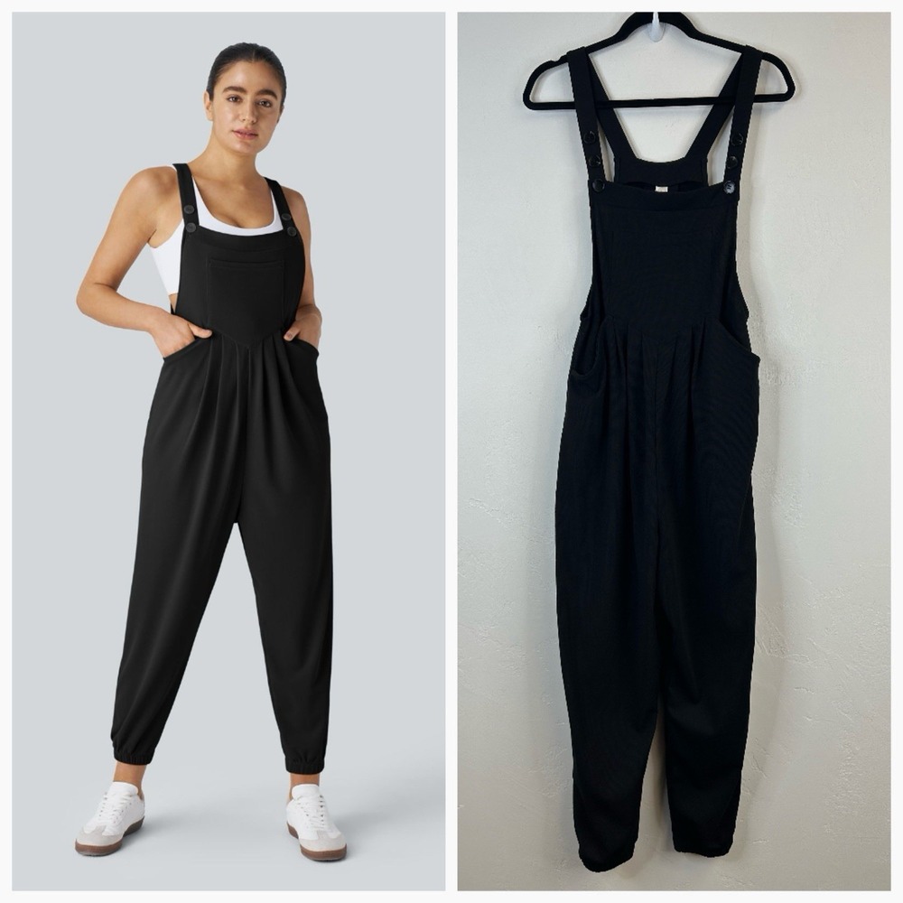 Halara Black Overalls Jumper Size M Tall Tapered Leg Adjustable Straps Pockets